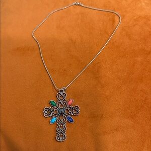 Vtg Avon Romanesque Cross Pendant Chain Statement Necklace 1972 Silver Gemstones